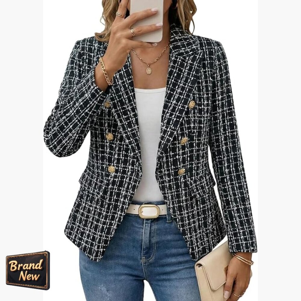 Double-Breasted Tweed Blazer Slim Fit Petite Work Casual Fully Lined